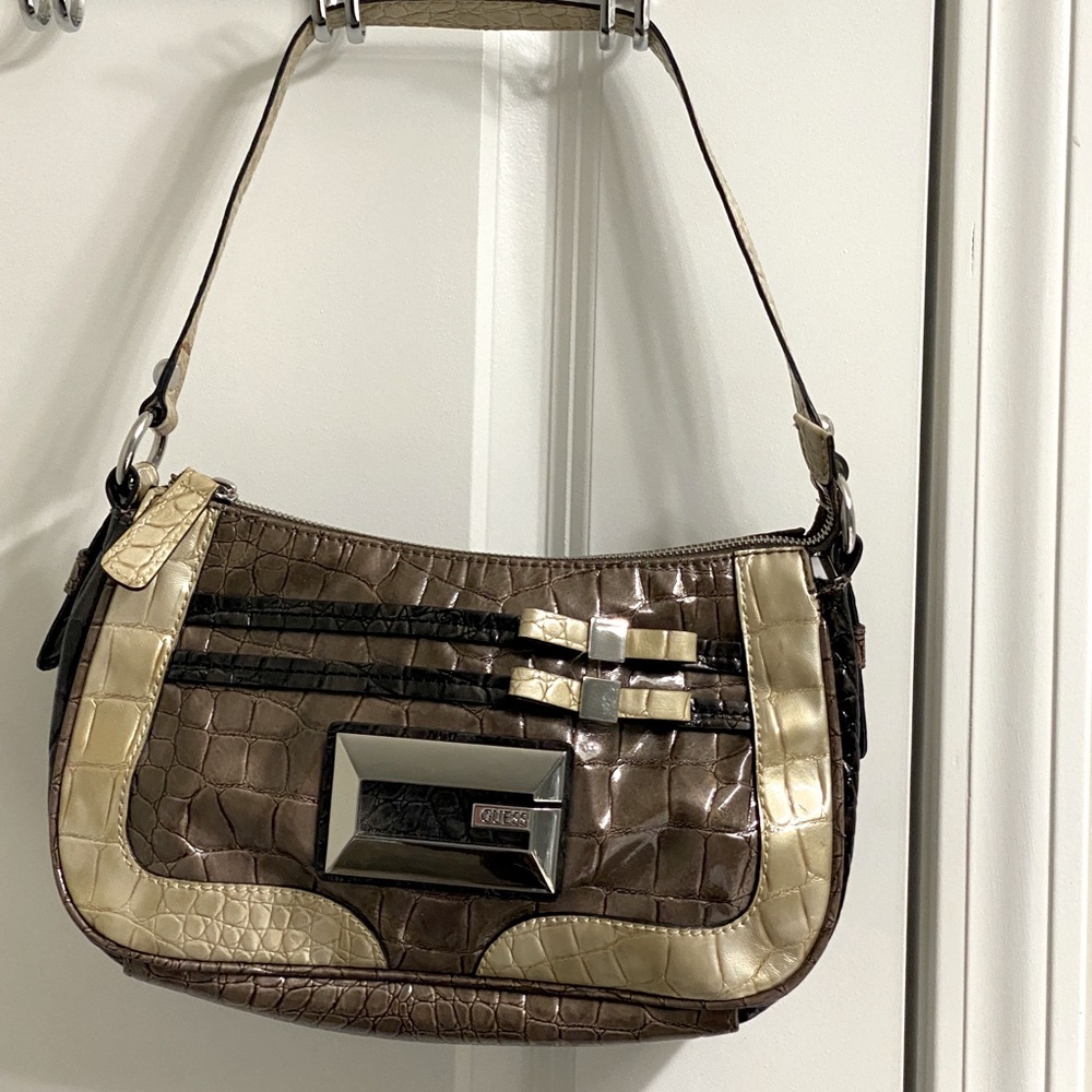 Guess satin bow brown and taupe shoulder bag.